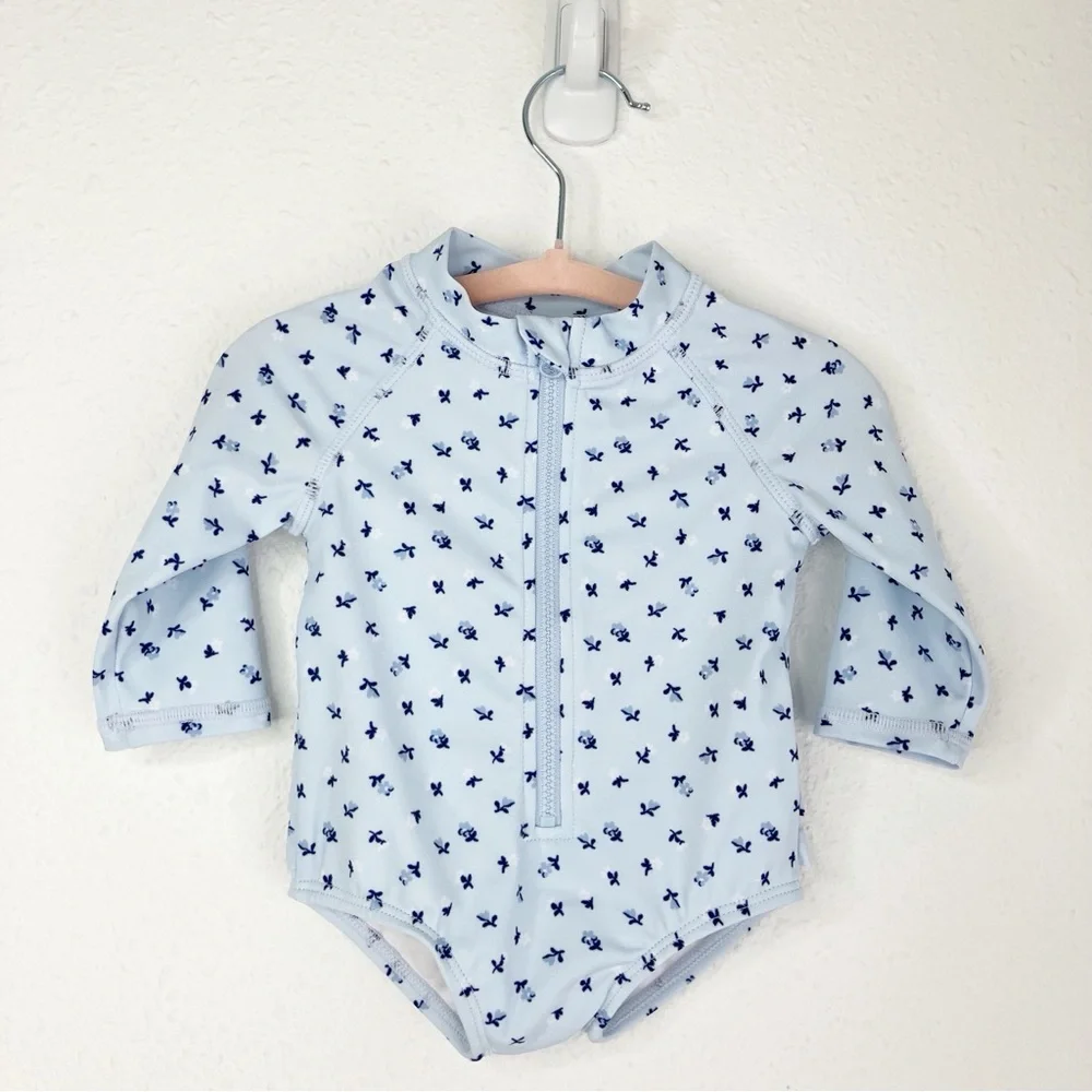 NWT Janie and Jack rash guard swimsuit beau blue floral w/ ruffles 0-3 months‎